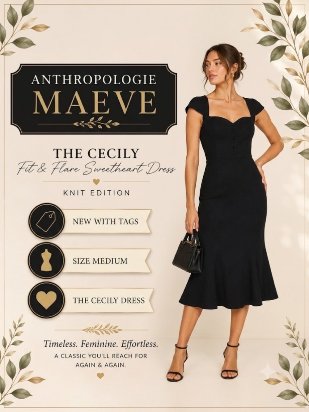 🖤 Anthropologie Maeve Cecily Fit & Flare Sweetheart Dress | NWT | Med | Black